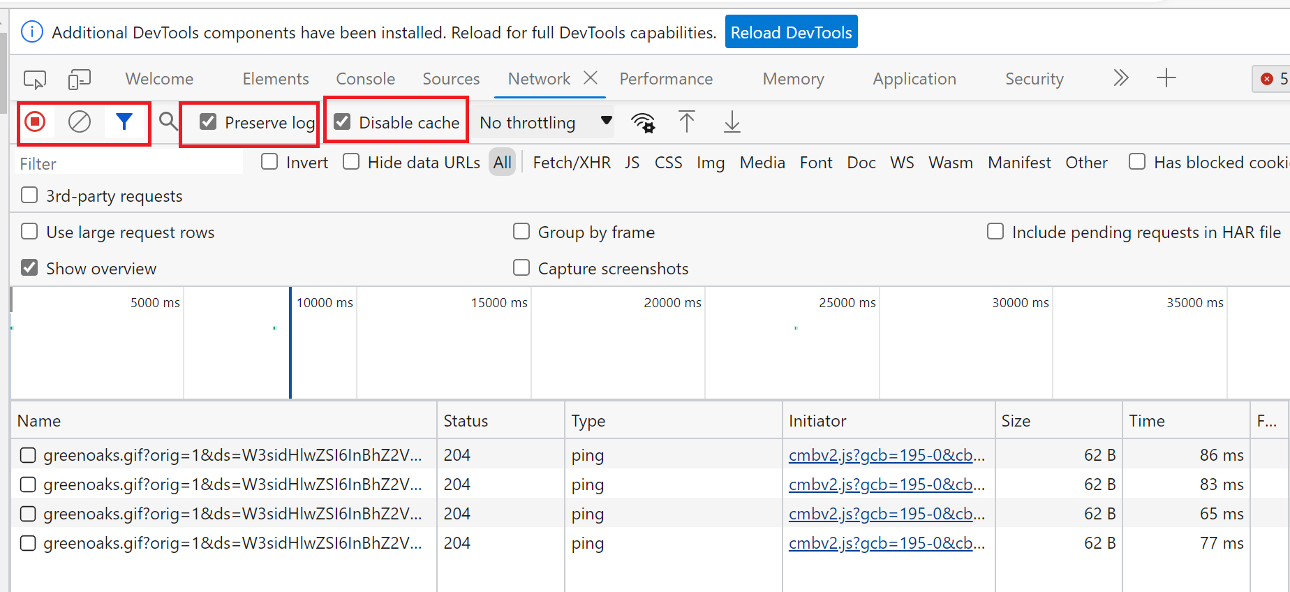 Preserve Log and Disable Cache button enablement