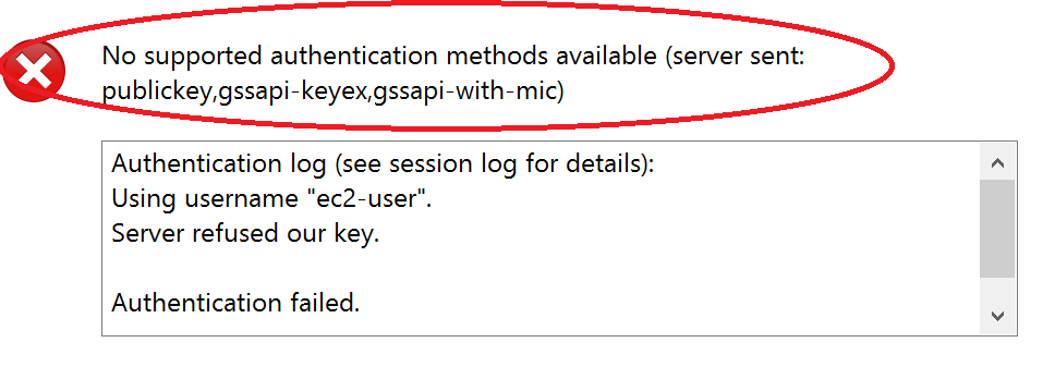 No supported authentication methods available for ec2-user in CentOS