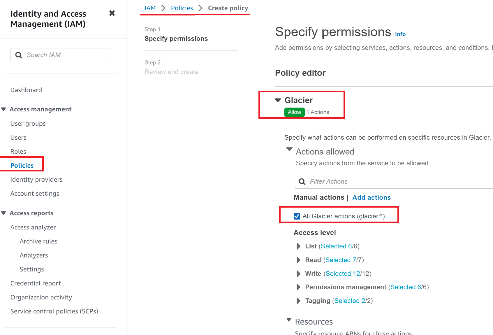 Create Policy To Access Glacier Service